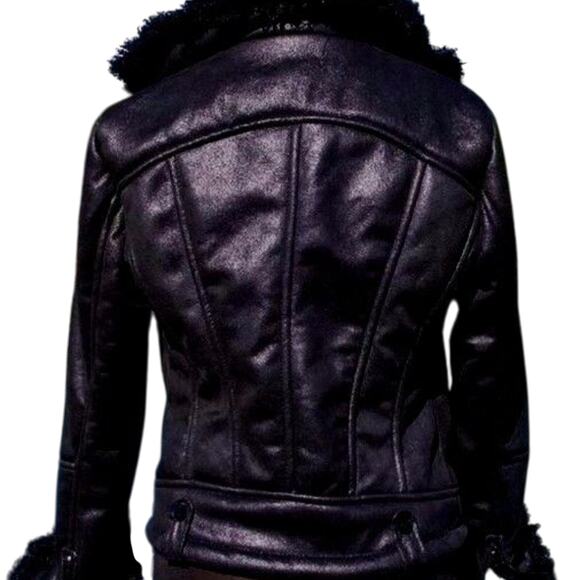 Cache Black Shearling Moto Lined Jacket Front Zipper Sleeve Zippers New NWT $268 - Picture 6 of 10